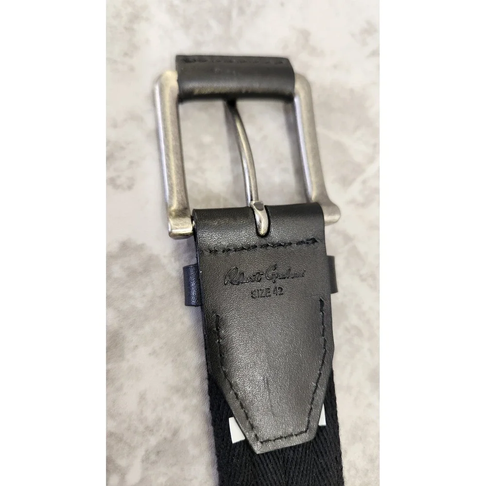 Robert Graham Belt Mens 42 Black  Herringbone Canvas Leather Double Prong Preppy